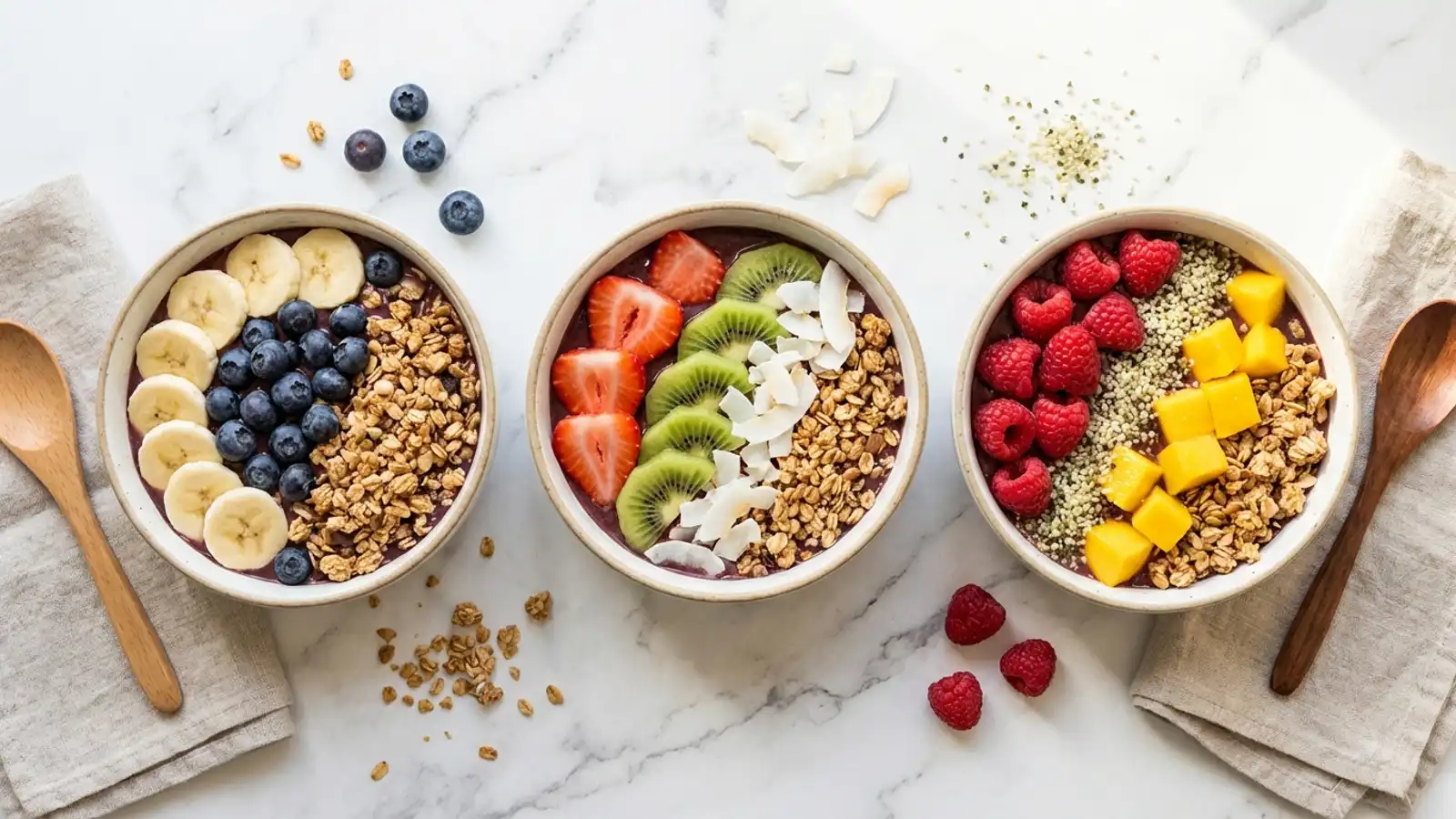 Verschillende acai bowls met uiteenlopende toppings naast elkaar op een tafel
