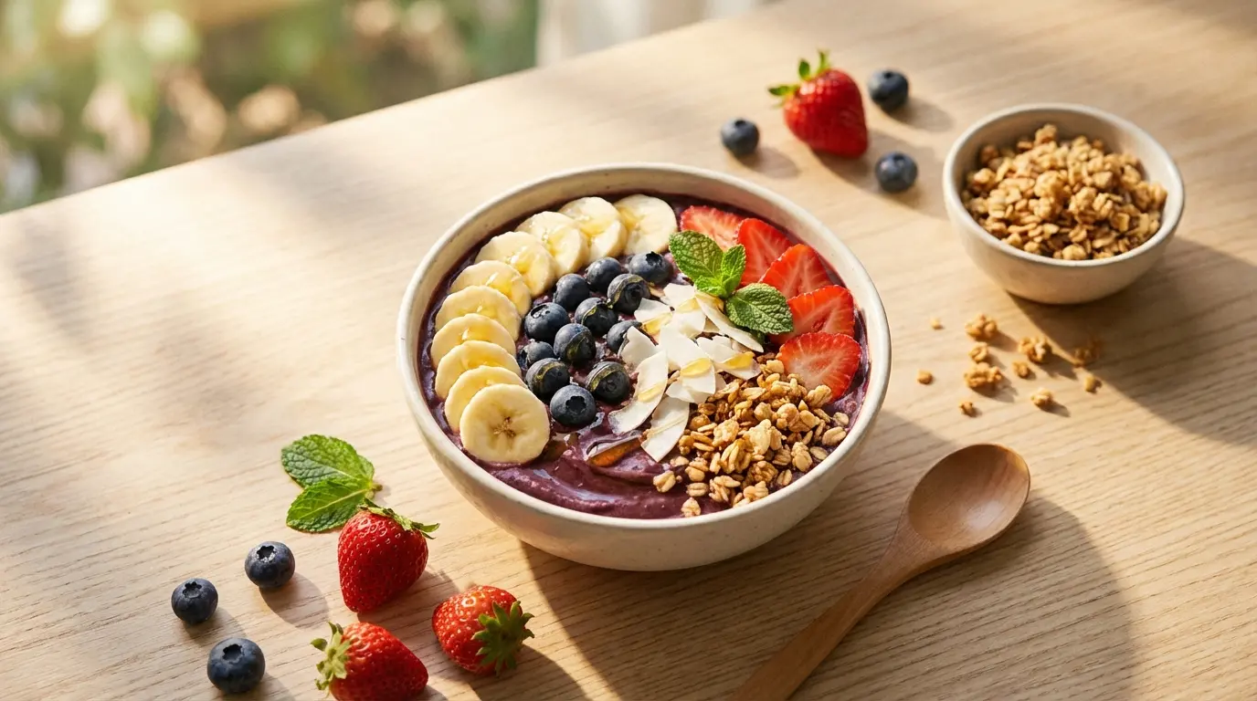 Kleurrijke acai bowl met vers fruit, granola en eetbare bloemen op een houten tafel