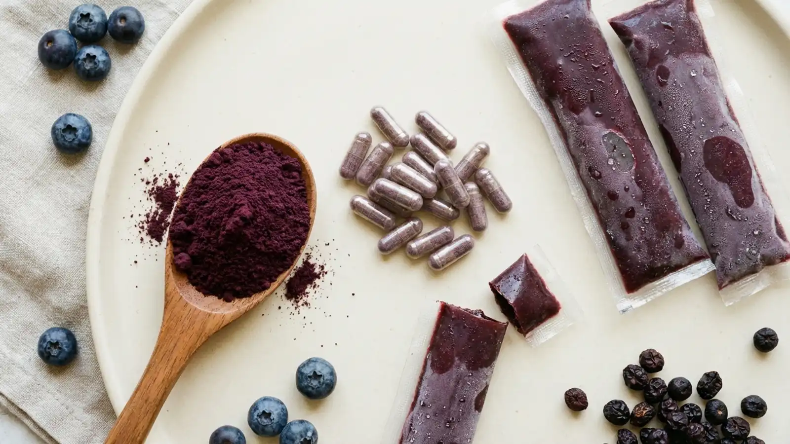 Verschillende acai supplementvormen naast elkaar: poeder in een potje, capsules, bevroren puree en een bowl mix
