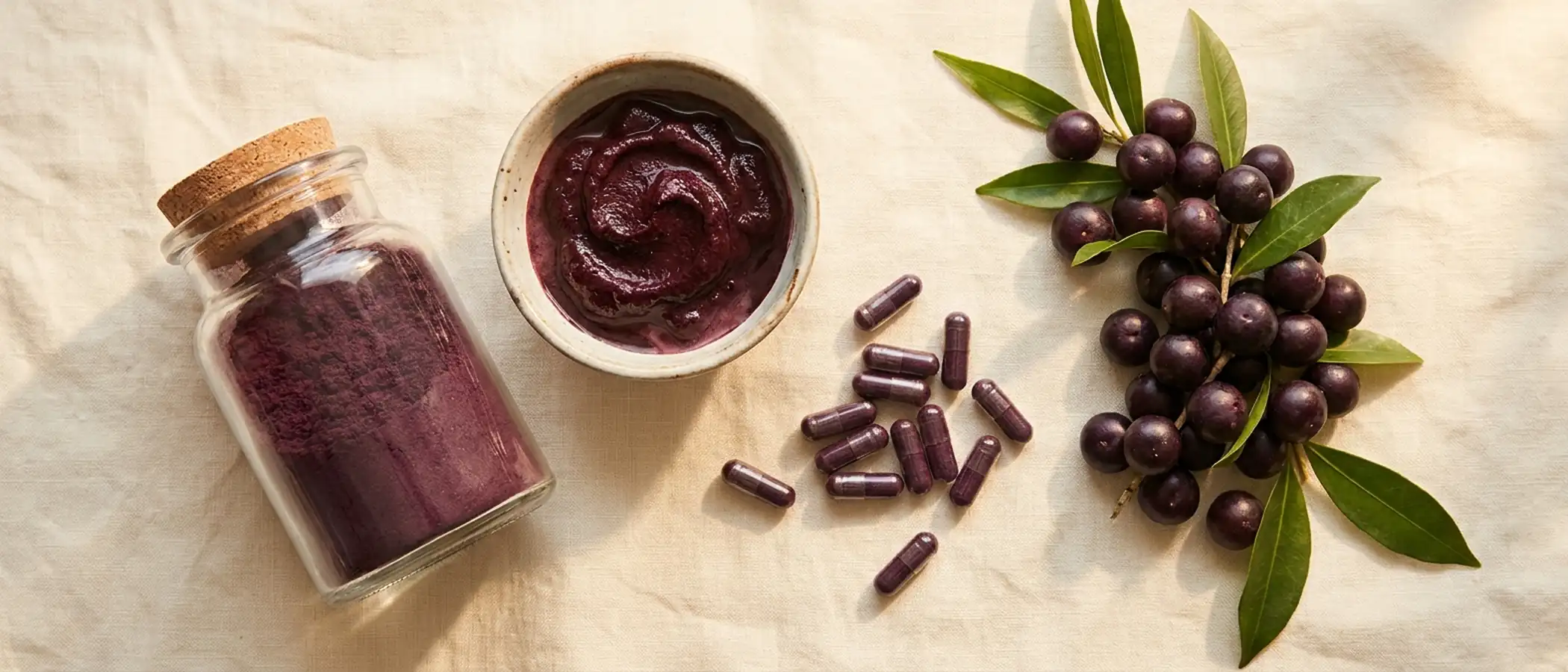 De vormen acai die je kunt kopen: vriesgedroogd poeder in een pot, bevroren acai puree in een kom, capsules en verse acai bessen aan de tak